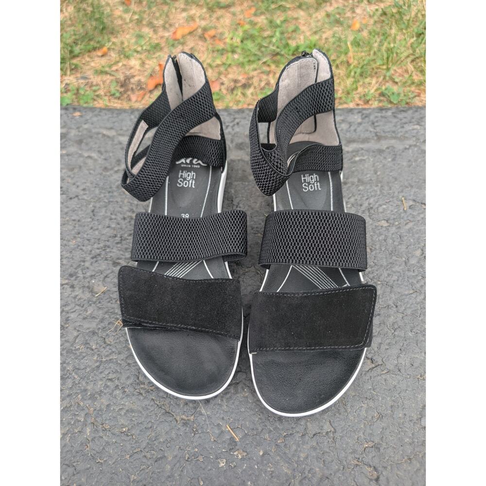 Ara Women's Naples Adjustable Platform Sandal Sz 39 US 8.5 Black‎ Velour 71
